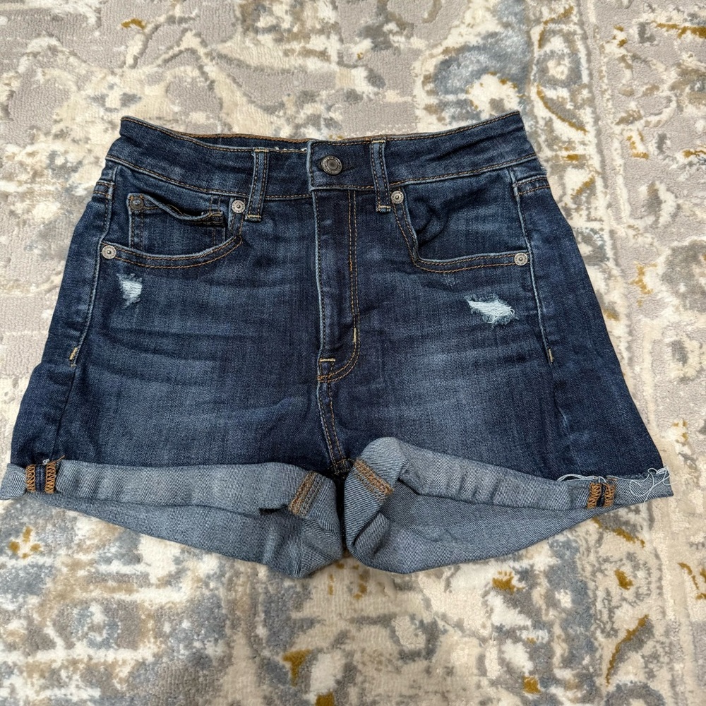 American Eagle Outfitters Dark Blue Distressed Super High-Rise Denim Jean Shorts